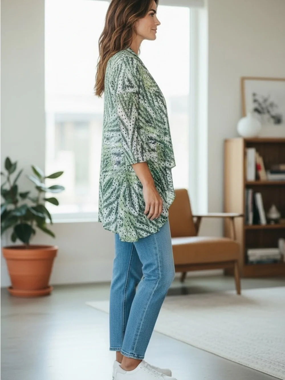 Ruby Rd Woman 1X Green Abstract Print Open Front Cardigan Lightweight - Picture 3 of 3